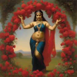 ai_generated belly black_hair bracelet breasts curly_hair curvy dancing dark-skinned_female female flower indian_female lips long_hair medium_breasts navel presenting realistic rose_(flower) smile solo william_bouguereau