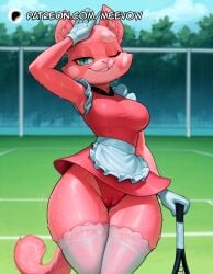 1girls ai_generated animal_ears animal_nose apron arm_up armpits artist_name blue_sky body_fur breasts cameltoe cloud cowboy_shot day dress english_text frilled_apron frills furry furry_female gloves half-closed_eyes happy holding large_breasts looking_at_viewer meevow one_eye_closed outdoors panties patreon_logo patreon_username pink_dress pink_fur pink_leotard racket shima_luan short_dress sky sleeveless sleeveless_dress smile solo standing super_planet_dolan sweat tail tennis_racket thick_thighs thighhighs thighs underwear waist_apron watermark white_apron white_gloves white_thighhighs wide_hips