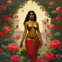 ai_generated belly black_hair bracelet breasts curly_hair curvy dancing dark-skinned_female female flower indian_female lips long_hair medium_breasts navel presenting realistic rose_(flower) smile solo william_bouguereau