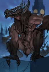 2024 animal_genitalia anthro ball_tuft balls big_balls big_ben biped bone brown_body claws crouching demon digital_media_(artwork) dragon finger_claws fully_sheathed genitals hair hand_on_knee hand_on_leg hi_res long_hair male male_only muscular muscular_anthro muscular_male mythological_creature mythological_scalie mythology nude_anthro nude_male outside phinnherz scalie sheath skull skull_head solo tuft