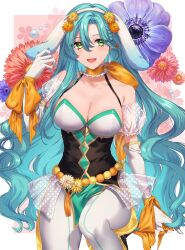 1girls :d alternate_costume aqua_hair bare_shoulders breasts bunny_ears bunny_girl bunnysuit chloe_(fire_emblem) choker cleavage commentary_request detached_sleeves earrings elbow_gloves female female female_only fire_emblem fire_emblem_engage fire_emblem_heroes flower gloves green_eyes hair_between_eyes highres jewelry large_breasts long_hair nintendo official_alternate_costume open_mouth orange_choker pantyhose pink_flower puffy_short_sleeves puffy_sleeves short_sleeves smile solo thighs tomo_shirasu very_long_hair white_gloves white_pantyhose