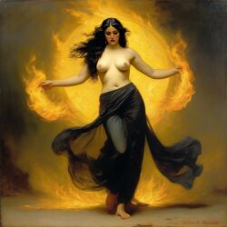 ai_generated belly black_hair breasts curvaceous curvy dancing fire lips long_hair medium_breasts navel seductress william_bouguereau