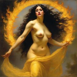 ai_generated belly black_hair breasts curvaceous curvy fire lips long_hair medium_breasts navel seductress william_bouguereau