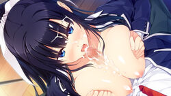 1boy akabei_soft akabei_soft_3 artist_request black_hair blue_eyes blush breasts censored cum facial fellatio female game_cg gekka_tachibana hair_ribbon large_breasts long_hair nipples omokage_~ecchi_na_happening!?_nandemo_dontokoi!~ open_clothes open_mouth open_shirt oral paizuri ribbon school_uniform shirt tongue