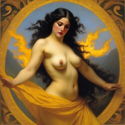 ai_generated belly black_hair breasts curvaceous curvy fire lips long_hair medium_breasts navel seductress william_bouguereau