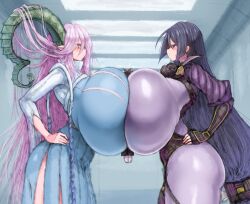 2b213 2girls breast_to_breast contest fate/grand_order fate_(series) from_side fully_clothed gigantic_breasts hand_on_hip hyper_breasts minamoto_no_raikou_(fate) minamoto_no_raikou_(fate/grand_order) side_view staring_at_another tiamat_(fate) top_heavy