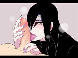 2boys black_hair drooling fangs fellatio gay hair headband licking long_hair male_only multiple_boys naruto naughty_face oral orochimaru painted_nails pale_skin penis saliva slit_pupils steam yaoi yazaki