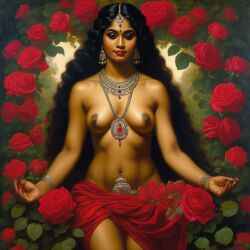 ai_generated belly black_hair bracelet breasts curly_hair curvy dancing dark-skinned_female female flower indian_female lips long_hair medium_breasts navel presenting realistic rose_(flower) smile solo william_bouguereau