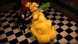 3d 3d_(artwork) big_breasts bigger_prey burping checkered_floor chica_(cally3d) chica_(fnaf) chiku female female_pred five_nights_at_freddy's five_nights_at_freddy's_2 gurgle_(sound_effect) gurgling gurgling_noise huge_belly mega2109 prey_shaped_bulge small_predator tight_bulges toy_chica_(fnaf) violet_eyes vore vore_belly yellow_hair yellow_nipples yellow_skin