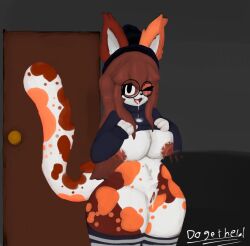 big_breasts brown_hair calico_cat cum dogethelol door dripping eyes female furry roblox roblox_avatar robloxian sucy_(dogethelol) thick_thighs thighhighs wink winking_at_viewer