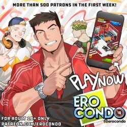 3boys advertisement bara black_tank_top cellphone character_request coach ero_condo headphones headphones_around_neck highres jacket kienbiu male_focus multiple_boys muscular muscular_male nguyen_hoan_(ero_condo) outstretched_hand paid_reward_available pectoral_cleavage pectorals phone promotional_art punt_(kienbiu) reaching reaching_towards_viewer short_hair sideburns smartphone solo_focus suplex_(ero_condo) tank_top track_jacket upper_body