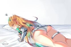 ass ass_cleavage ass_focus back back_view backless_outfit black_legwear blonde_female blonde_hair breast_press breast_squish breasts bubble_butt dedhed_art earrings elbow_gloves garter_straps large_ass large_breasts long_hair looking_back monolith_soft mythra nintendo on_stomach panties pout short_skirt stockings sweatdrop thick_ass thick_thighs thigh_strap tiara tight_clothing tights underwear white_shirt xenoblade_(series) xenoblade_chronicles_2