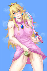 1girls ball blue_eyes dress_lift female female_only hair mario_(series) mario_tennis nintendo no_panties princess_peach pubic_hair racket see-through short_dress smile solo sports_uniform tenkarin_whoopee tennis_ball tennis_racket tennis_uniform toned