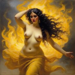 ai_generated belly black_hair breasts curvaceous curvy fire lips long_hair medium_breasts navel seductress william_bouguereau