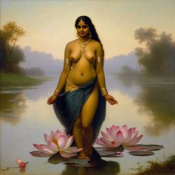 ai_generated belly black_hair breasts curly_hair curvy dark-skinned_female female flower indian_female lips long_hair lotus medium_breasts navel presenting realistic smile solo william_bouguereau