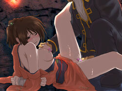 1boy arms_behind_back blush breast_grab breasts brown_eyes brown_hair egg_vibrator female fingering gintama hair_ornament hairpin japanese_clothes kimono kimono_pull kondou_isao leaning_back leg_up looking_away morisoba_icchou nipple_teasing nipple_tweak nipples obi one_eye_closed penetration ponytail pussy_juice reclining restrained sash shimura_tae solo_focus sweat tears tied_hair tied_up vaginal_penetration vibrator wince