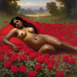 ai_generated belly black_hair bracelet breasts curly_hair curvy dark-skinned_female female flower indian_female lips long_hair medium_breasts navel presenting realistic rose_(flower) smile solo william_bouguereau