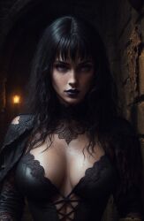 ai_generated black_dress black_hair black_lipstick choker corridor corset dungeon eyeshadow fantasy female_focus female_only freckles freckles_on_face gothic helena_nightingale medium_breasts oc original_character sole_female solo stable_diffusion