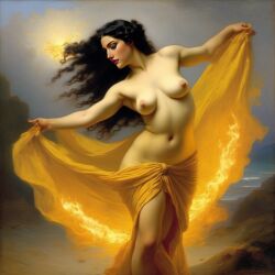 ai_generated belly black_hair breasts curvaceous curvy fire lips long_hair medium_breasts navel seductress william_bouguereau