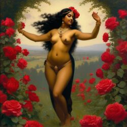 ai_generated belly black_hair bracelet breasts curly_hair curvy dancing dark-skinned_female female flower indian_female lips long_hair medium_breasts navel presenting realistic rose_(flower) smile solo william_bouguereau