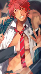 6+boys abs blush ittoki_otoya male_only multiple_boys muscle necktie red_eyes red_hair school_uniform short_hair student sweat tagme tie train undressing uta_no_prince-sama wince yaoi