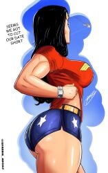 1girls alternate_version_available artist_name big_breasts black_hair blue_eyes booty_shorts choker dark_hair dc dc_comics dialogue diana_prince female female_only leotard short_shorts shorts solo sparkietheartist speech_bubble superheroine talking_to_viewer thick_thighs thighs twitter wonder_woman wonder_woman_(series)