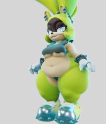 3d 3d_(artwork) big_breasts bra breasts chubby_female chunkerbuns crop_top female furry gloves glowing_eyes nipple_piercing ponytail sega sharp_teeth shoes sonic_(series) surge_the_tenrec thong underboob