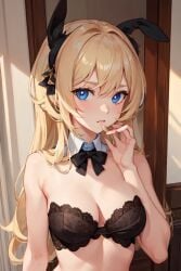 ai_generated blonde_hair blue_eyes bowtie bra breasts bunny_ears finger_on_lip furry headwear zoologistlov