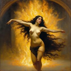 ai_generated belly black_hair breasts curvaceous curvy fire lips long_hair medium_breasts navel seductress william_bouguereau