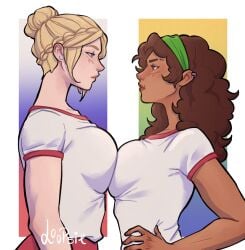 asymmetrical_docking blonde_female boob_squish brazil brazilian breasts brics dark-skinned_female earrings headband latina light-skinned_female loopsieart national_personification piercings russia russian_girl sexual_tension shirt