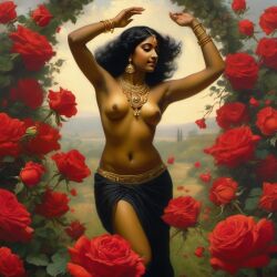 ai_generated belly black_hair bracelet breasts curly_hair curvy dancing dark-skinned_female female flower indian_female lips long_hair medium_breasts navel presenting realistic rose_(flower) smile solo william_bouguereau