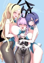 3girls ahoge aoi_(blue_archive) asanagi ayumu_(blue_archive) blue_archive blue_background blunt_bangs bowtie bunny_ears bunny_girl bunnysuit cute_fang detached_collar eager female female_only general_student_council_(blue_archive) kaya_(blue_archive) leotard looking_at_viewer multiple_girls pantyhose pink_hair simple_background small_breasts tagme wrist_cuffs