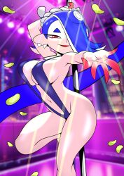 1girls big_breasts blue_hair cleavage female female_only furry_funnychan hand_out looking_at_viewer navel nintendo red_eyes shiver_(splatoon) sideboob solo solo_female solo_focus splatoon splatoon_(series) splatoon_3 stripper stripper_pole thighs wide_hips