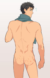 1boy after_sex ass back back_view bite_marks black_hair blue_eyes blush free! hickey human human_only light-skinned_male light_skin looking_at_viewer looking_back male male_focus male_only muscle naked notice_lines nude nude_male simple_background solo solo_focus solo_male sosuke_yamazaki standing surprised towel white_background yamazaki_sosuke