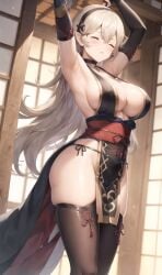 ai_generated ai_hands armpits closed_eyes copyright_request corrin_(fire_emblem) corrin_(fire_emblem)_(female) female female_only hairbow happy japanese_clothes large_breasts long_hair pagoda pointy_ears sfw sideboob sleeping slombert smile stockings stretching thighs