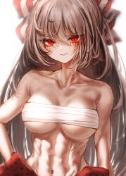 abs bow breasts collarbone female fujiwara_no_mokou hair_between_eyes hairbow highres large_breasts long_hair navel pants red_eyes red_pants sarashi simple_background smile solo toned touhou upper_body waramori_fuzuka white_background white_bow white_hair