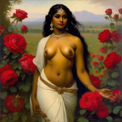 ai_generated belly black_hair bracelet breasts curly_hair curvy dancing dark-skinned_female female flower indian_female lips long_hair medium_breasts navel presenting realistic rose_(flower) smile solo william_bouguereau