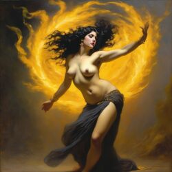 ai_generated belly black_hair breasts curvaceous curvy fire lips long_hair medium_breasts navel seductress william_bouguereau