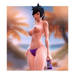 beach black_hair black_lipstick breasts f4 female female_only femscout femscout_(alt_design) light-skinned_female looking_at_viewer no_bra small_breasts solo standing team_fortress_2 tf2 watermark