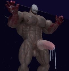 1boy 3d 3d_model balls bara big_balls big_penis cum cum_drip cum_dripping_from_penis dbd dead_by_daylight erection evan_macmillan genital_fluids juggernautuntpb male male_focus male_nipples male_only muscular_male nipples nude penis solo_male the_trapper