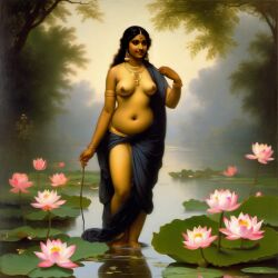 ai_generated belly black_hair breasts curly_hair curvy dark-skinned_female female flower indian_female lips long_hair lotus medium_breasts navel presenting realistic smile solo william_bouguereau