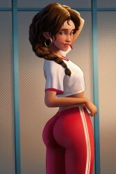 alternate_version_available ass big_ass brown_eyes brown_hair crop_top crop_top_overhang dark-skinned_female dark_skin hair_over_shoulder hoop_earrings latina leggings marvel marvel_comics milf munshin rio_morales skin_tight spider-man:_into_the_spider-verse