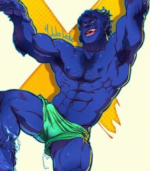 1boy bara beast_(x-men) blue_body blue_fur blue_hair blue_skin body_hair bulge clothing flaccid hairy_male hank_mccoy julio_leote male male_focus male_nipples male_only marvel marvel_comics muscular_male nipples penis_outline solo solo_male teeth teeth_visible tusks x-men