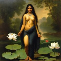 ai_generated belly black_hair breasts curly_hair curvy dark-skinned_female female flower indian_female lips long_hair lotus medium_breasts navel presenting realistic smile solo william_bouguereau