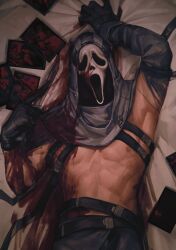 1boy blood danny_johnson dbd dead_by_daylight ghostface gripping_sheets halloween harness horror_(theme) jed_olson knife laying_on_back laying_on_bed male_only mask masked_male pecs scary_movie scream_(franchise)