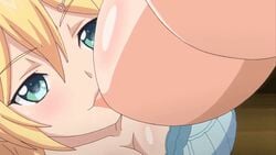 2girls animated animated_gif anime_screencap blonde_hair blue_bra bra breast_sucking breasts cleavage collaboration_works female female/female female_human green_eyes hair hair_ornament huge_breasts human human_only lactation large_breasts mankitsu_happening milk mitsuki_otona multiple_girls ova screencap screenshot stitched suzukawa_rei waffle yuri