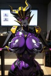 1robot_girl ai_generated airachnid big_breasts cleavage female female_only grabbing_own_breast large_breasts looking_at_viewer metal_breasts nipple_bulge nipples purple_body purple_eyes purple_nipples robot_humanoid roger1011 transformers transformers_prime