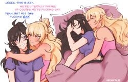 2girls aurawra21 bed black_hair blonde_hair class_of_'09 couple dating english_text female female_only homosexual homosexual_female humor jecka_(class_of_'09) lesbian_couple multiple_girls nicole_(class_of_'09) spooning text wholesome yuri