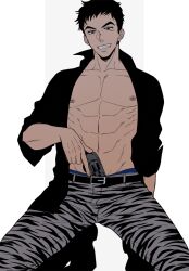 1boy black_hair boots chikadoh guido_mista gun gun_in_pants jojo's_bizarre_adventure male male_nipples male_only muscular_male open_clothes pecs smile solo spread_legs vento_aureo