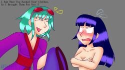 2022 2girls ^w^ angry aquamarine_hair artist_name blush cleavage collarbone deviantart_link deviantart_username dot_eyes emi_(kitsune_no_hanashi) english_text female female_only flustered goggles goggles_on_head green_hair gumi hiding_breasts holding holding_clothing japanese_clothes kimono masa_works_design medium_aquamarine_hair multiple_girls mv_character obi oni_to_kitsune_no_hanashi onibi_(vocaloid) pinkyberetda purple_hair purple_kimono red-tinted_eyewear red_sash sanpaku sash text the_doll_owner tinted_eyewear vocaloid wide_eyed